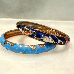 NWT UJOY Enameled Floral Cloisonne Cuff Blue Bangle Bracelet Set of 2